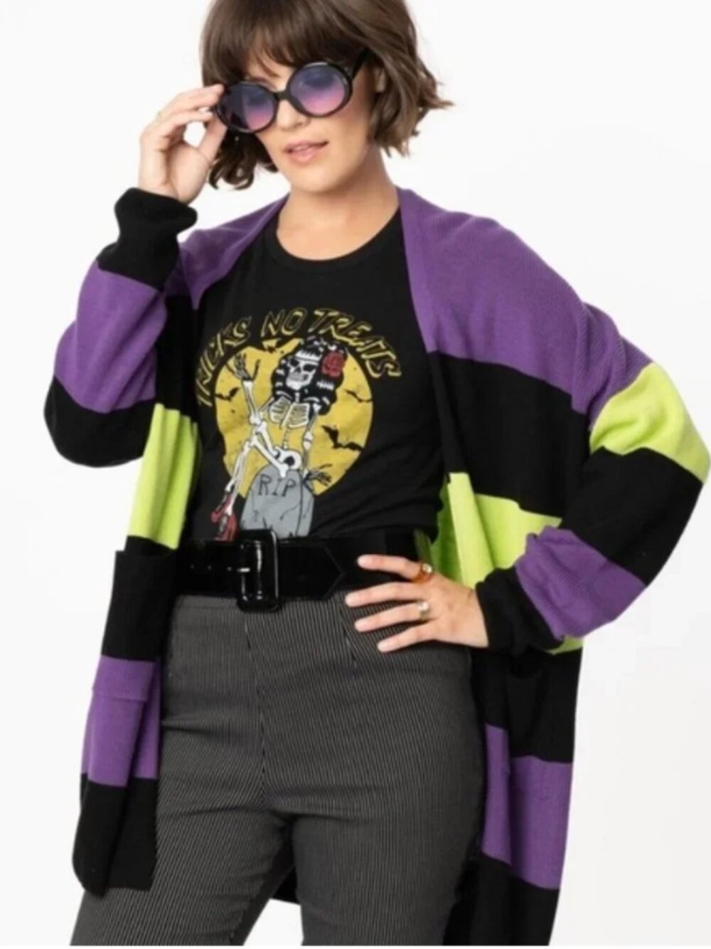 Unique Vintage Black/Purple/Green Halloween Striped Slouchy Cardigan
